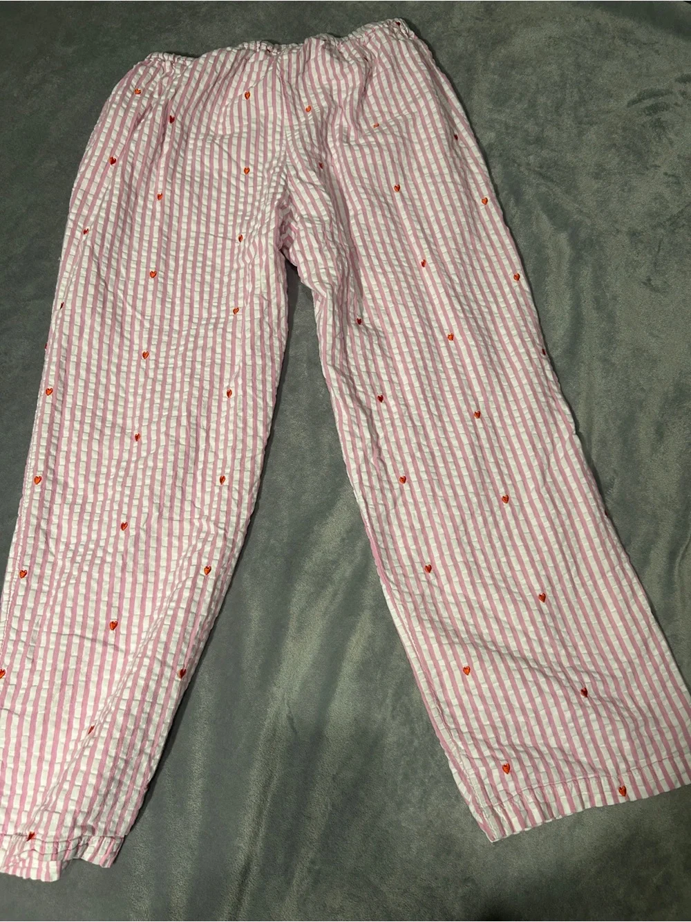 Pink Striped Kids Pajama Set with Tiny Red Hearts pink white
